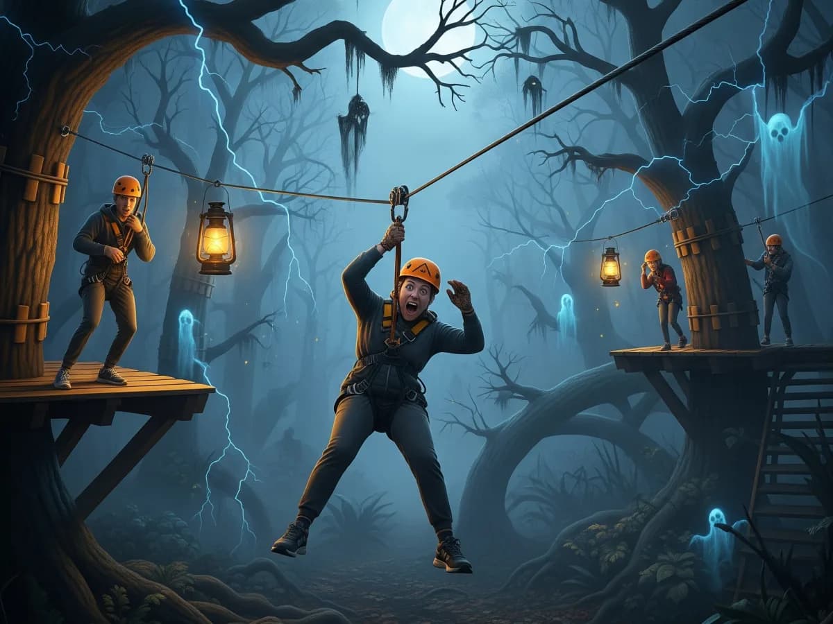 Illustration of a startled zipliner in an orange helmet riding a zipline through a misty forest at night, with glowing lanterns, lightning and ghostly figures
