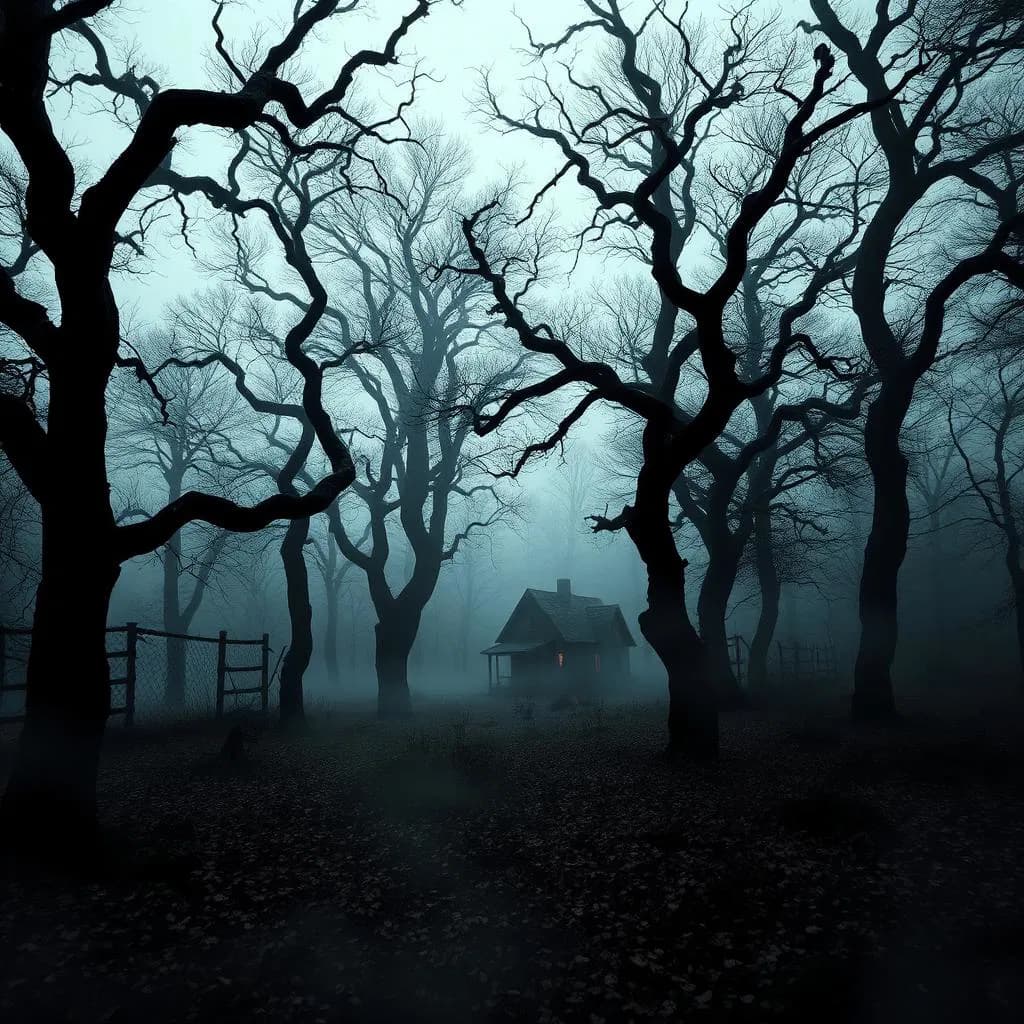 Fog rolling through a dark, twisted forest at night